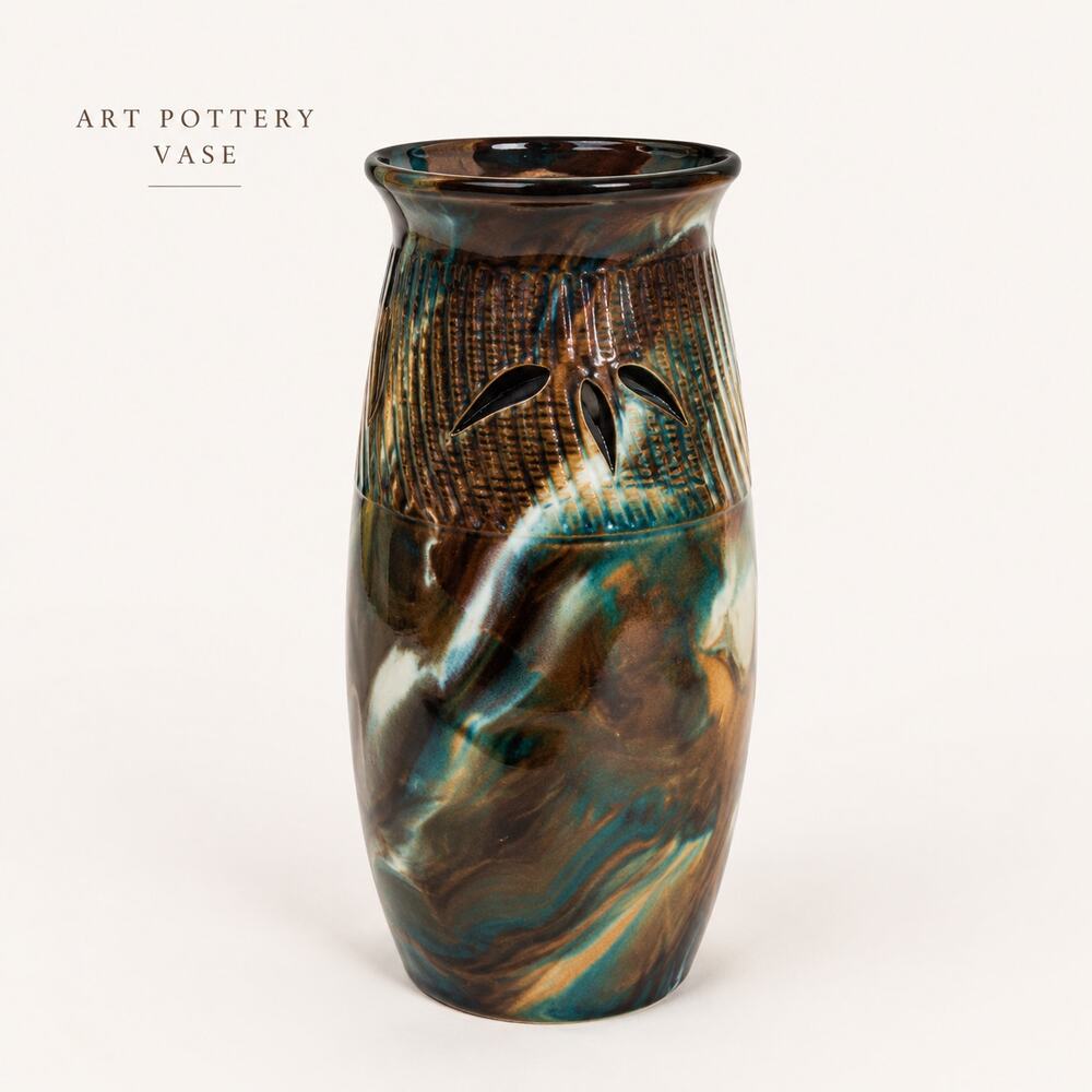 Art Pottery Vase Earth Tone Swirl Glaze Studio Ceramic Decor
